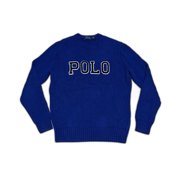 POLO RALPH LAUREN ELECTRIC BLUE LARGE POLO SPELL OUT CABLE KNIT SWEATER MEDIUM